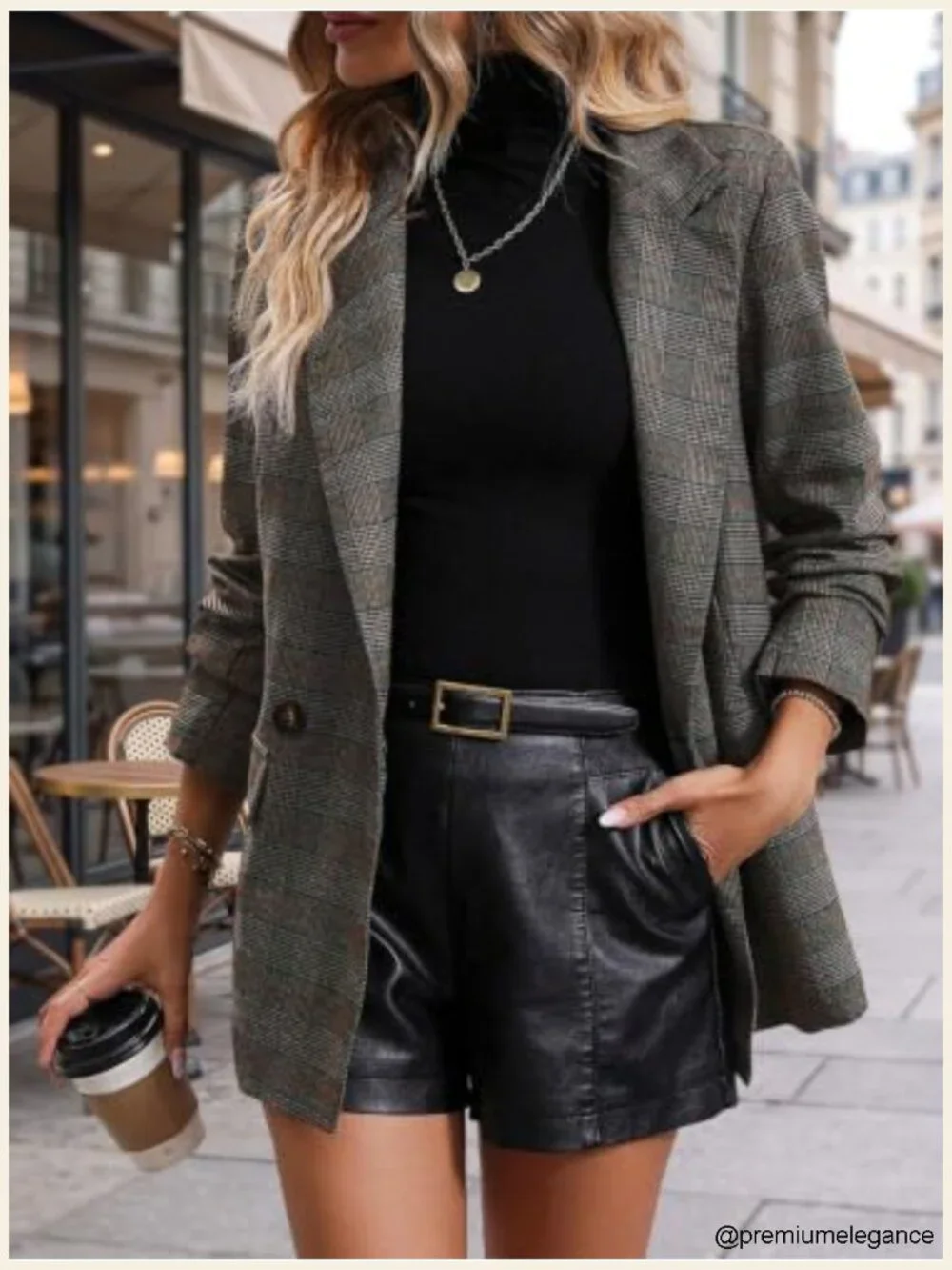 Plaid Houndstooth Blazer Double Breasted Notch Lapel Padded Shoulders Women’s